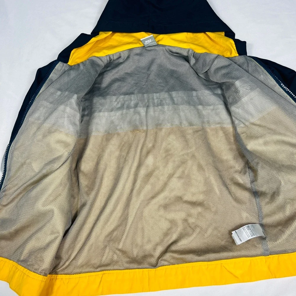 Vintage 2008 Nike Sz 6 Hooded Windbreaker Yellow Navy Spell Out‎ Logo Jacket Y2K